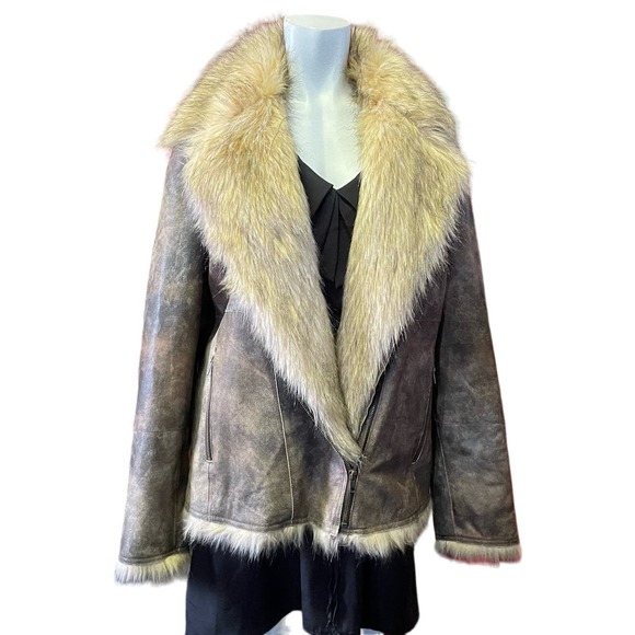 Vtg 90s Y2K Newport News Distressed Leather Faux Fur Trimmed Coat Size L EUC